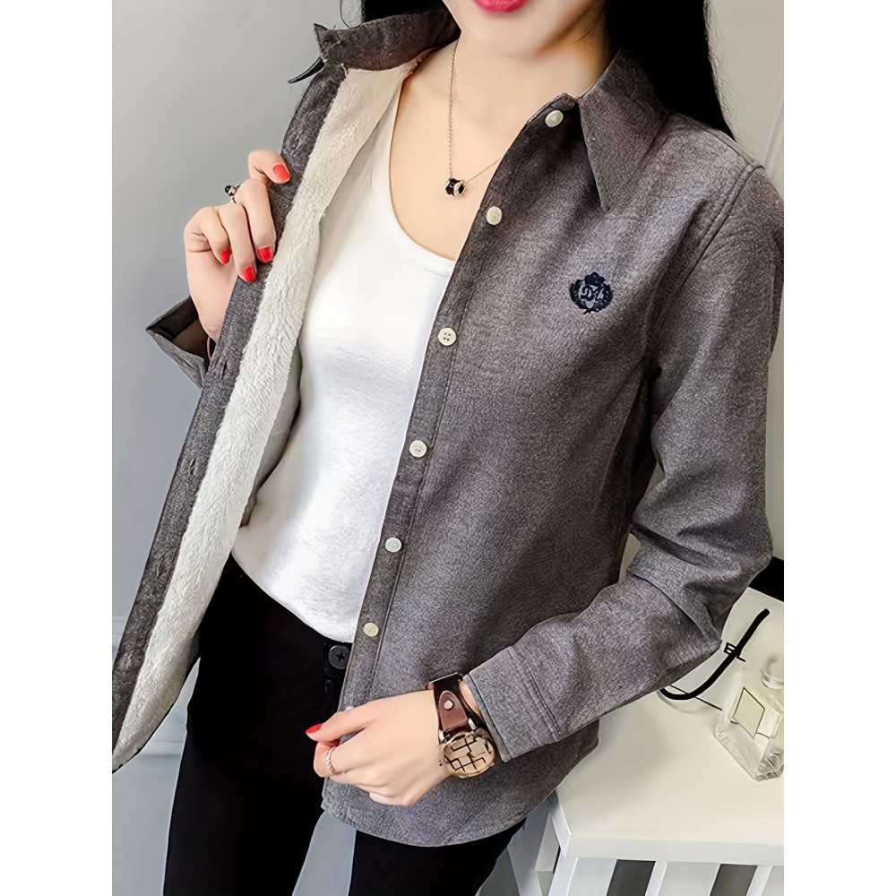 Button Front Embroidered Shirt, Casual Long Sleeve Shirt For Fall & Winter, Women's Clothing Button Front Embroidered Shirt, Casual Long Sleeve Shirt For Fall & Winter, Women's Clothing