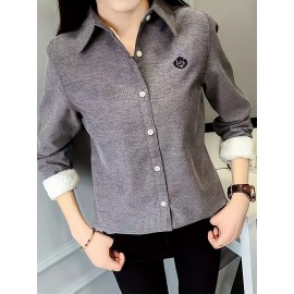 Button Front Embroidered Shirt, Casual Long Sleeve Shirt For Fall & Winter, Women's Clothing Button Front Embroidered Shirt, Casual Long Sleeve Shirt For Fall & Winter, Women's Clothing