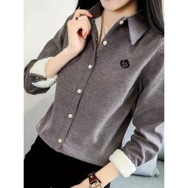 Button Front Embroidered Shirt, Casual Long Sleeve Shirt For Fall & Winter, Women's Clothing Button Front Embroidered Shirt, Casual Long Sleeve Shirt For Fall & Winter, Women's Clothing