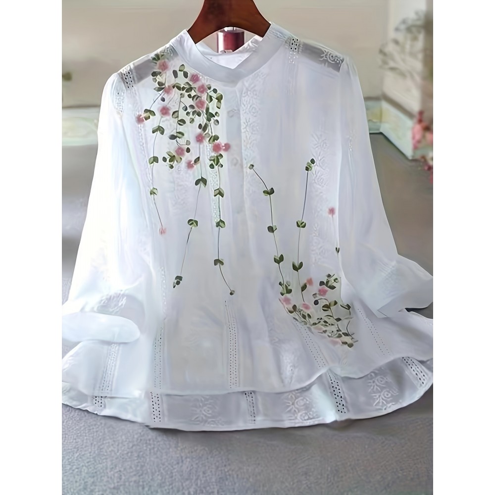 Eyelet Floral Blouse, Elegant Button Front Blouse For Spring & Summer, Women's Clothing Eyelet Floral Blouse, Elegant Button Front Blouse For Spring & Summer, Women's Clothing