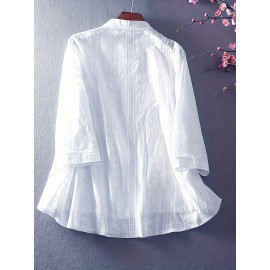 Eyelet Floral Blouse, Elegant Button Front Blouse For Spring & Summer, Women's Clothing Eyelet Floral Blouse, Elegant Button Front Blouse For Spring & Summer, Women's Clothing