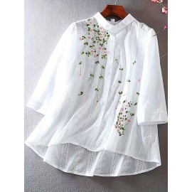 Eyelet Floral Blouse, Elegant Button Front Blouse For Spring & Summer, Women's Clothing Eyelet Floral Blouse, Elegant Button Front Blouse For Spring & Summer, Women's Clothing