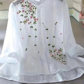 Eyelet Floral Blouse, Elegant Button Front Blouse For Spring & Summer, Women's Clothing Eyelet Floral Blouse, Elegant Button Front Blouse For Spring & Summer, Women's Clothing