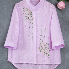 Eyelet Floral Blouse, Elegant Button Front Blouse For Spring & Summer, Women's Clothing Eyelet Floral Blouse, Elegant Button Front Blouse For Spring & Summer, Women's Clothing
