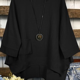 Dipped Hem Solid Blouse, Asymmetrical Crew Neck Loose Casual Blouse, Women's Clothing Dipped Hem Solid Blouse, Asymmetrical Crew Neck Loose Casual Blouse, Women's Clothing