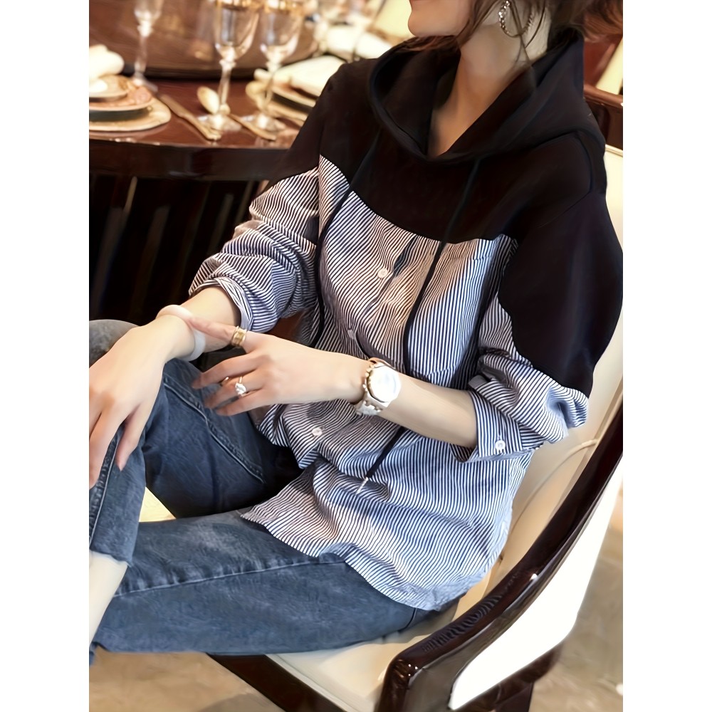 Patchwork Striped Print Button Hoodie, Casual Cuff Sleeve Drawstring Hoodies Sweatshirt, Women's Clothing Patchwork Striped Print Button Hoodie, Casual Cuff Sleeve Drawstring Hoodies Sweatshirt, Women's Clothing