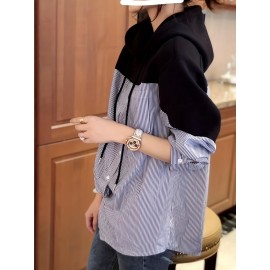Patchwork Striped Print Button Hoodie, Casual Cuff Sleeve Drawstring Hoodies Sweatshirt, Women's Clothing Patchwork Striped Print Button Hoodie, Casual Cuff Sleeve Drawstring Hoodies Sweatshirt, Women's Clothing