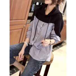 Patchwork Striped Print Button Hoodie, Casual Cuff Sleeve Drawstring Hoodies Sweatshirt, Women's Clothing Patchwork Striped Print Button Hoodie, Casual Cuff Sleeve Drawstring Hoodies Sweatshirt, Women's Clothing