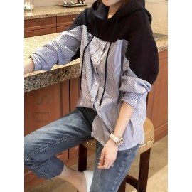 Patchwork Striped Print Button Hoodie, Casual Cuff Sleeve Drawstring Hoodies Sweatshirt, Women's Clothing Patchwork Striped Print Button Hoodie, Casual Cuff Sleeve Drawstring Hoodies Sweatshirt, Women's Clothing