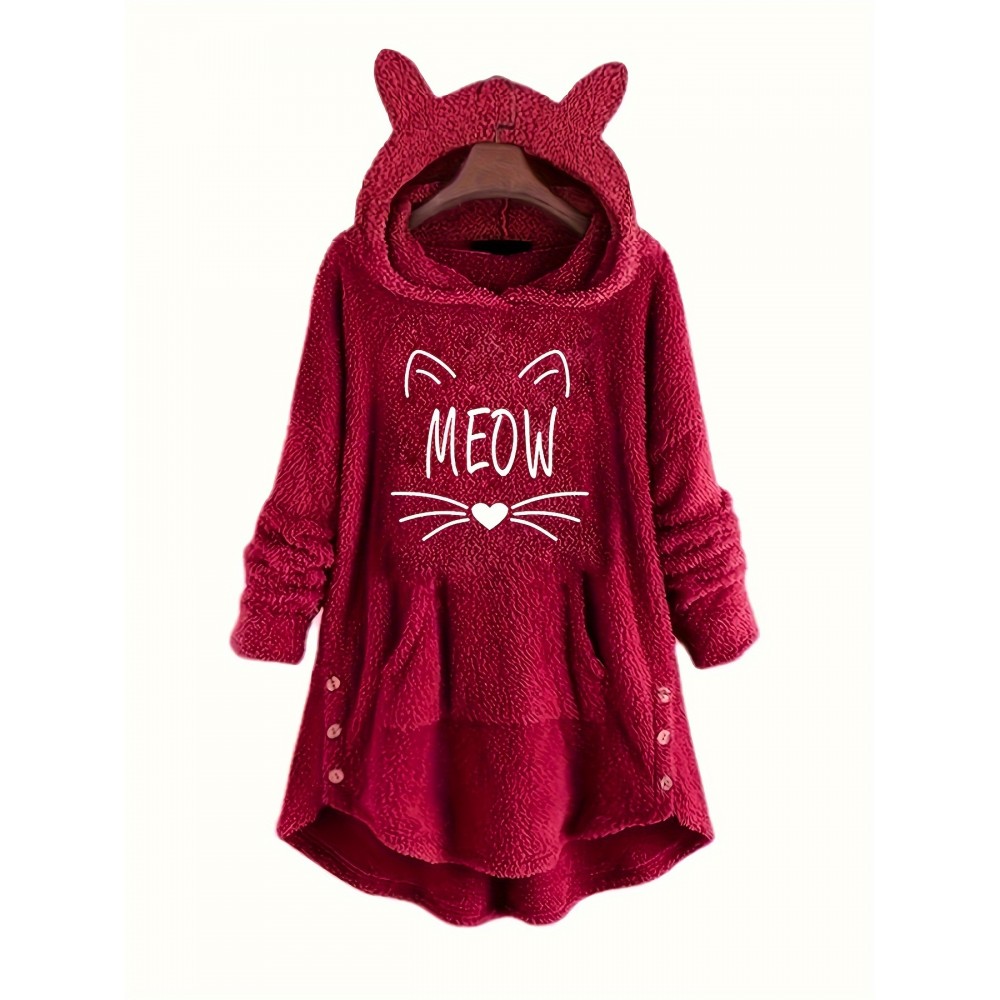 Cat Face & Letter Print Ear Decor Hoodie, Cute Kangaroo Pocket Asymmetrical Hoodies Sweatshirt, Women's Clothing Cat Face & Letter Print Ear Decor Hoodie, Cute Kangaroo Pocket Asymmetrical Hoodies Sweatshirt, Women's Clothing