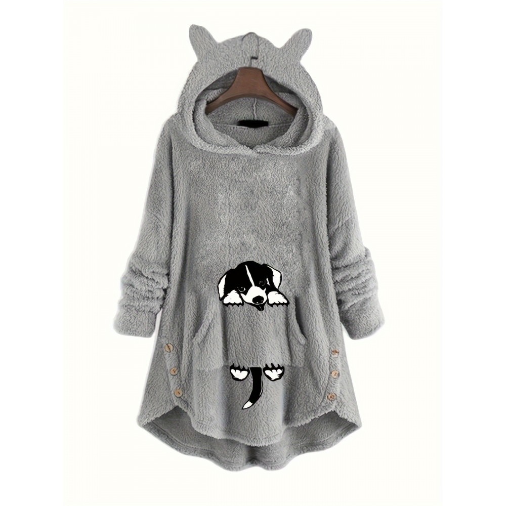 Cat Pattern Print Asymmetrical Loose Hoodie, Casual Printed Long Sleeve Hoodie, Women's Clothing Cat Pattern Print Asymmetrical Loose Hoodie, Casual Printed Long Sleeve Hoodie, Women's Clothing