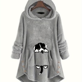 Cat Pattern Print Asymmetrical Loose Hoodie, Casual Printed Long Sleeve Hoodie, Women's Clothing Cat Pattern Print Asymmetrical Loose Hoodie, Casual Printed Long Sleeve Hoodie, Women's Clothing