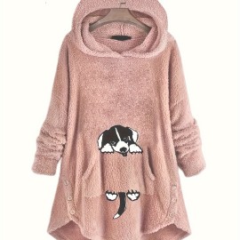 Cat Pattern Print Asymmetrical Loose Hoodie, Casual Printed Long Sleeve Hoodie, Women's Clothing Cat Pattern Print Asymmetrical Loose Hoodie, Casual Printed Long Sleeve Hoodie, Women's Clothing