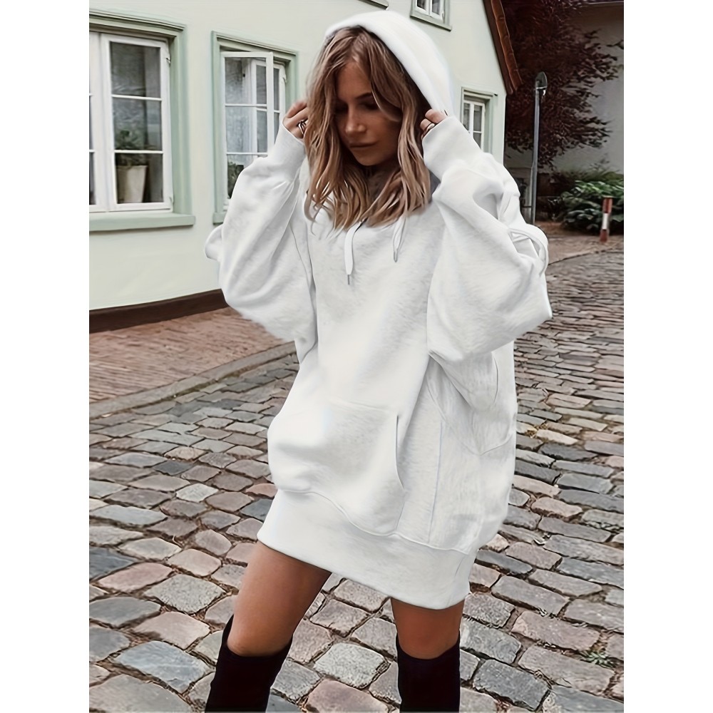Solid Color Kangaroo Pocket Hoodie, Casual Long Sleeve Thigh Length Drawstring Hoodie Sweatshirt, Women's Clothing Solid Color Kangaroo Pocket Hoodie, Casual Long Sleeve Thigh Length Drawstring Hoodie Sweatshirt, Women's Clothing