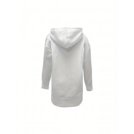 Solid Color Kangaroo Pocket Hoodie, Casual Long Sleeve Thigh Length Drawstring Hoodie Sweatshirt, Women's Clothing Solid Color Kangaroo Pocket Hoodie, Casual Long Sleeve Thigh Length Drawstring Hoodie Sweatshirt, Women's Clothing