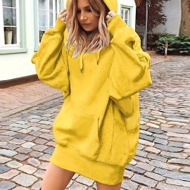Solid Color Kangaroo Pocket Hoodie, Casual Long Sleeve Thigh Length Drawstring Hoodie Sweatshirt, Women's Clothing Solid Color Kangaroo Pocket Hoodie, Casual Long Sleeve Thigh Length Drawstring Hoodie Sweatshirt, Women's Clothing