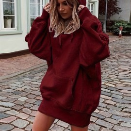 Solid Color Kangaroo Pocket Hoodie, Casual Long Sleeve Thigh Length Drawstring Hoodie Sweatshirt, Women's Clothing Solid Color Kangaroo Pocket Hoodie, Casual Long Sleeve Thigh Length Drawstring Hoodie Sweatshirt, Women's Clothing