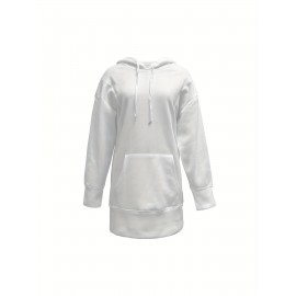 Solid Color Kangaroo Pocket Hoodie, Casual Long Sleeve Thigh Length Drawstring Hoodie Sweatshirt, Women's Clothing Solid Color Kangaroo Pocket Hoodie, Casual Long Sleeve Thigh Length Drawstring Hoodie Sweatshirt, Women's Clothing
