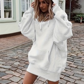 Solid Color Kangaroo Pocket Hoodie, Casual Long Sleeve Thigh Length Drawstring Hoodie Sweatshirt, Women's Clothing Solid Color Kangaroo Pocket Hoodie, Casual Long Sleeve Thigh Length Drawstring Hoodie Sweatshirt, Women's Clothing