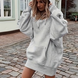 Solid Color Kangaroo Pocket Hoodie, Casual Long Sleeve Thigh Length Drawstring Hoodie Sweatshirt, Women's Clothing Solid Color Kangaroo Pocket Hoodie, Casual Long Sleeve Thigh Length Drawstring Hoodie Sweatshirt, Women's Clothing