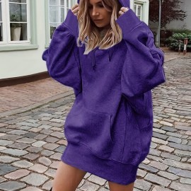 Solid Color Kangaroo Pocket Hoodie, Casual Long Sleeve Thigh Length Drawstring Hoodie Sweatshirt, Women's Clothing Solid Color Kangaroo Pocket Hoodie, Casual Long Sleeve Thigh Length Drawstring Hoodie Sweatshirt, Women's Clothing