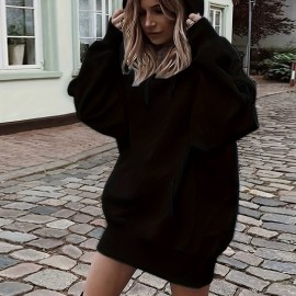 Solid Color Kangaroo Pocket Hoodie, Casual Long Sleeve Thigh Length Drawstring Hoodie Sweatshirt, Women's Clothing Solid Color Kangaroo Pocket Hoodie, Casual Long Sleeve Thigh Length Drawstring Hoodie Sweatshirt, Women's Clothing