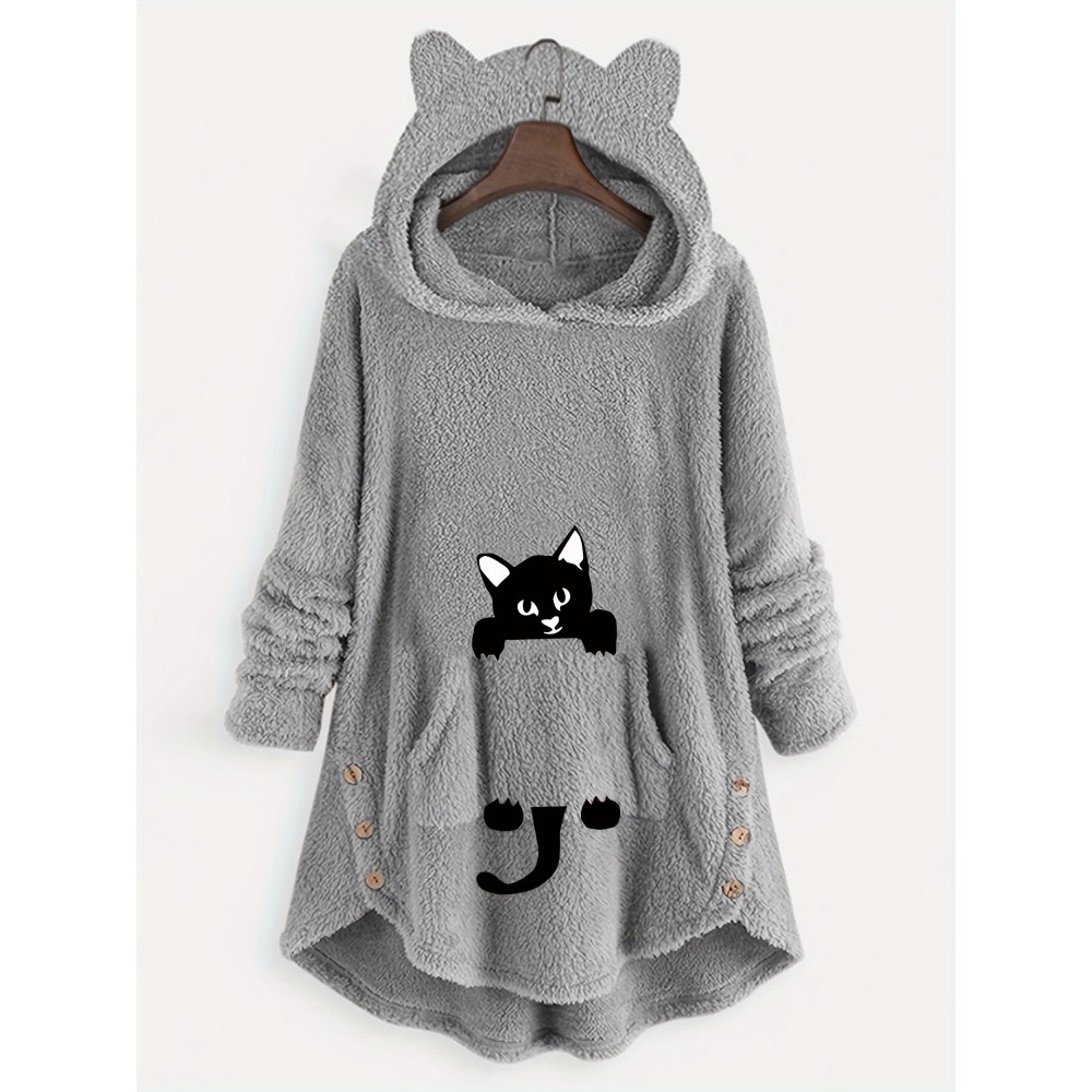Fuzzy Cat Ear Hoodie, Loose Oversized Front Pocket Hooded Sweater, Loungewear & Casual Tops For Winter, Women's Clothing Fuzzy Cat Ear Hoodie, Loose Oversized Front Pocket Hooded Sweater, Loungewear & Casual Tops For Winter, Women's Clothing