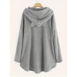 Fuzzy Cat Ear Hoodie, Loose Oversized Front Pocket Hooded Sweater, Loungewear & Casual Tops For Winter, Women's Clothing Fuzzy Cat Ear Hoodie, Loose Oversized Front Pocket Hooded Sweater, Loungewear & Casual Tops For Winter, Women's Clothing