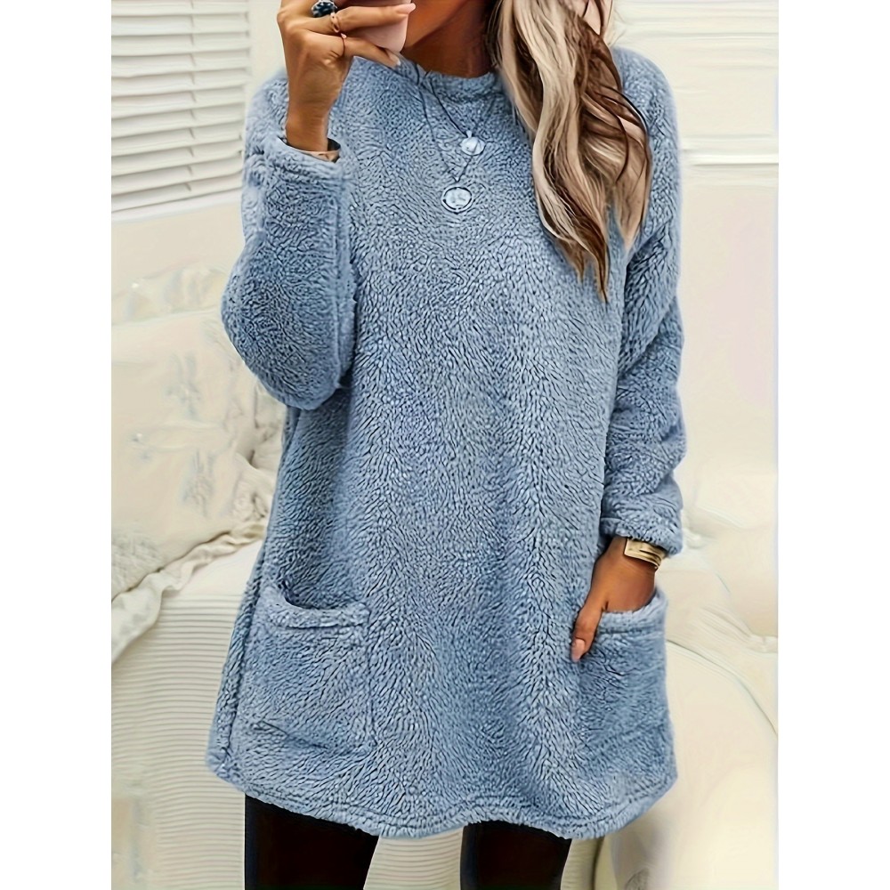 Solid Fuzzy Sweatshirts, Casual Crew Neck Long Sleeve Sweatshirt With Pockets, Women's Clothing Solid Fuzzy Sweatshirts, Casual Crew Neck Long Sleeve Sweatshirt With Pockets, Women's Clothing