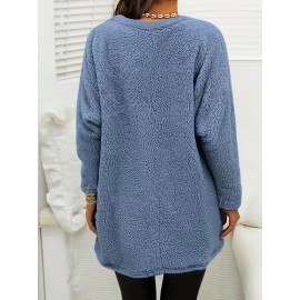 Solid Fuzzy Sweatshirts, Casual Crew Neck Long Sleeve Sweatshirt With Pockets, Women's Clothing Solid Fuzzy Sweatshirts, Casual Crew Neck Long Sleeve Sweatshirt With Pockets, Women's Clothing
