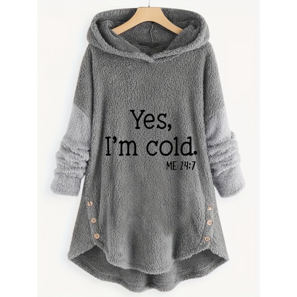 Letter Print Hoodie, Casual Long Sleeve Curved Hem Button Hoodie, Women's Clothing Letter Print Hoodie, Casual Long Sleeve Curved Hem Button Hoodie, Women's Clothing