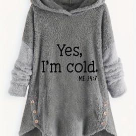 Letter Print Hoodie, Casual Long Sleeve Curved Hem Button Hoodie, Women's Clothing Letter Print Hoodie, Casual Long Sleeve Curved Hem Button Hoodie, Women's Clothing