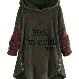 Letter Print Hoodie, Casual Long Sleeve Curved Hem Button Hoodie, Women's Clothing Letter Print Hoodie, Casual Long Sleeve Curved Hem Button Hoodie, Women's Clothing