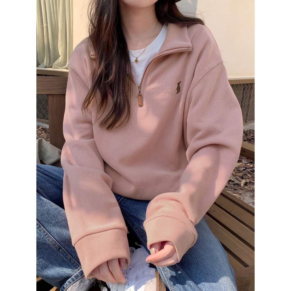 Solid Zip Front Pullover Sweatshirt, Casual Long Sleeve Sweatshirt For Fall & Winter, Women's Clothing Solid Zip Front Pullover Sweatshirt, Casual Long Sleeve Sweatshirt For Fall & Winter, Women's Clothing