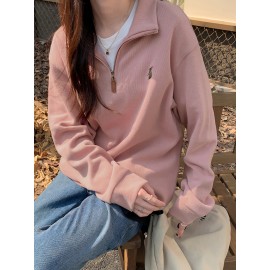 Solid Zip Front Pullover Sweatshirt, Casual Long Sleeve Sweatshirt For Fall & Winter, Women's Clothing Solid Zip Front Pullover Sweatshirt, Casual Long Sleeve Sweatshirt For Fall & Winter, Women's Clothing