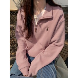 Solid Zip Front Pullover Sweatshirt, Casual Long Sleeve Sweatshirt For Fall & Winter, Women's Clothing Solid Zip Front Pullover Sweatshirt, Casual Long Sleeve Sweatshirt For Fall & Winter, Women's Clothing