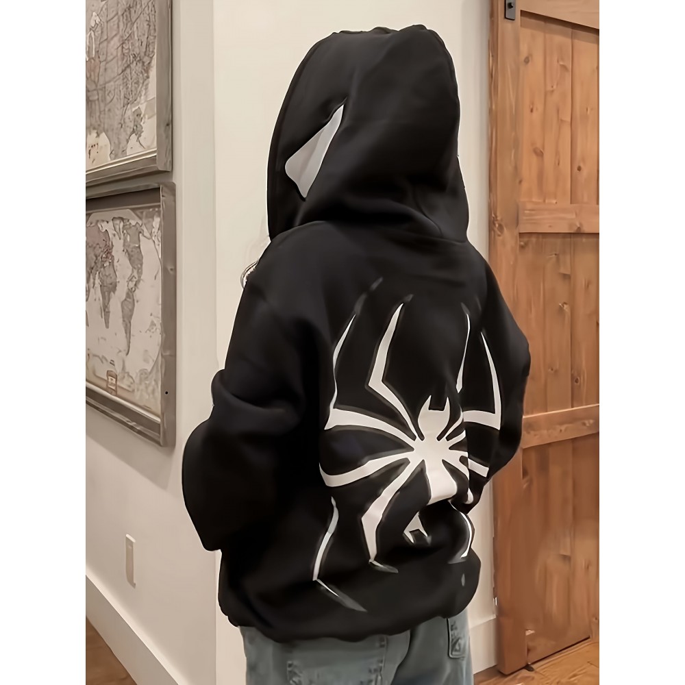 Spider & Letter Print Zip-up Hoodie, Casual Long Sleeve Hoodie Jacket, Women's Clothing Spider & Letter Print Zip-up Hoodie, Casual Long Sleeve Hoodie Jacket, Women's Clothing
