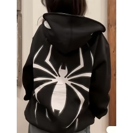 Spider & Letter Print Zip-up Hoodie, Casual Long Sleeve Hoodie Jacket, Women's Clothing Spider & Letter Print Zip-up Hoodie, Casual Long Sleeve Hoodie Jacket, Women's Clothing
