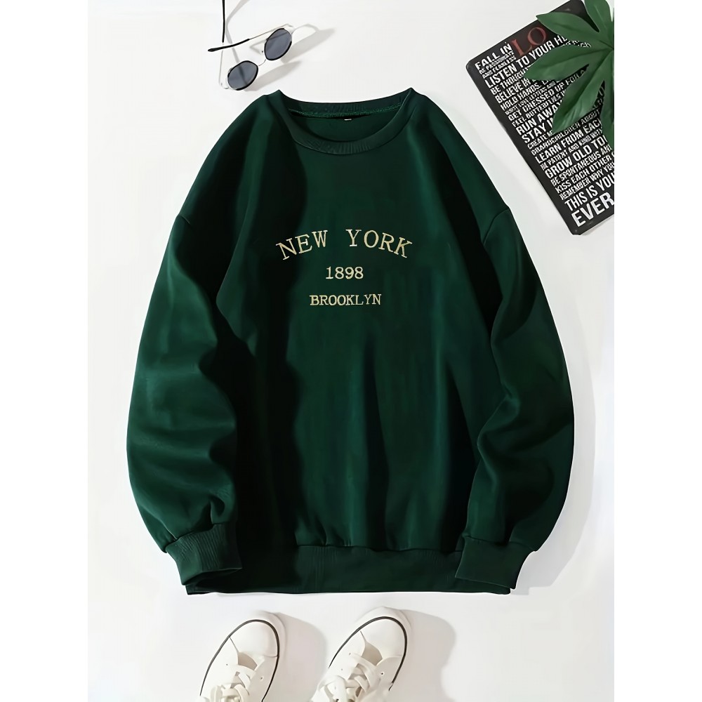 New York Brooklyn Print Loose Sweatshirt, Casual Long Sleeve Crew Neck Sweatshirt, Women's Clothing New York Brooklyn Print Loose Sweatshirt, Casual Long Sleeve Crew Neck Sweatshirt, Women's Clothing
