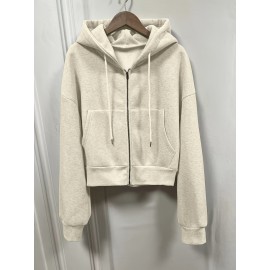 Solid Zip Up Drawstring Hoodie, Casual Long Sleeve Sweatshirt With Pocket, Women's Clothing Solid Zip Up Drawstring Hoodie, Casual Long Sleeve Sweatshirt With Pocket, Women's Clothing