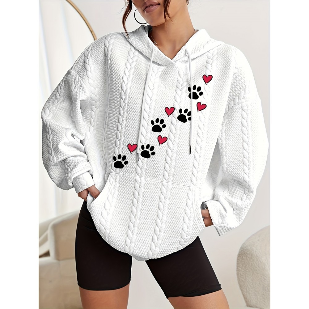 Paw & Heart Print Kangaroo Pocket Hoodie, Casual Long Sleeve Drawstring Hoodie Sweatshirt, Women's Clothing Paw & Heart Print Kangaroo Pocket Hoodie, Casual Long Sleeve Drawstring Hoodie Sweatshirt, Women's Clothing