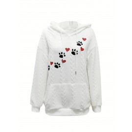 Paw & Heart Print Kangaroo Pocket Hoodie, Casual Long Sleeve Drawstring Hoodie Sweatshirt, Women's Clothing Paw & Heart Print Kangaroo Pocket Hoodie, Casual Long Sleeve Drawstring Hoodie Sweatshirt, Women's Clothing