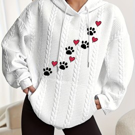 Paw & Heart Print Kangaroo Pocket Hoodie, Casual Long Sleeve Drawstring Hoodie Sweatshirt, Women's Clothing Paw & Heart Print Kangaroo Pocket Hoodie, Casual Long Sleeve Drawstring Hoodie Sweatshirt, Women's Clothing