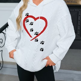 Paw & Heart Print Kangaroo Pocket Hoodie, Casual Long Sleeve Drawstring Hoodie Sweatshirt, Women's Clothing Paw & Heart Print Kangaroo Pocket Hoodie, Casual Long Sleeve Drawstring Hoodie Sweatshirt, Women's Clothing
