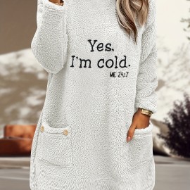 Letter Print Patched Pockets Sweatshirt, Casual Drop Shoulder Button Decor Plush Sweatshirt, Women's Clothing