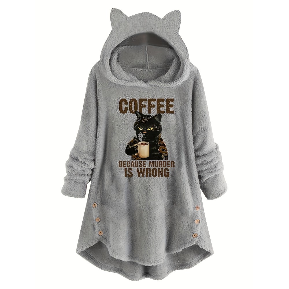 Cat & Slogan Print Teddy Hoodie, Casual Long Sleeve Button Decor Hoodie Sweatshirt, Women's Clothing Cat & Slogan Print Teddy Hoodie, Casual Long Sleeve Button Decor Hoodie Sweatshirt, Women's Clothing