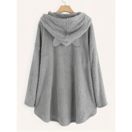 Animal Print Kangaroo Pocket Teddy Hoodie, Casual Long Sleeve Button Hoodie Sweatshirt, Women's Clothing Animal Print Kangaroo Pocket Teddy Hoodie, Casual Long Sleeve Button Hoodie Sweatshirt, Women's Clothing