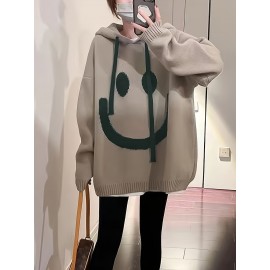 Smile Face Print Drawstring Hoodie, Casual Long Sleeve Drop Shoulder Top, Women's Clothing Smile Face Print Drawstring Hoodie, Casual Long Sleeve Drop Shoulder Top, Women's Clothing