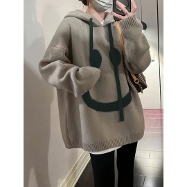 Smile Face Print Drawstring Hoodie, Casual Long Sleeve Drop Shoulder Top, Women's Clothing Smile Face Print Drawstring Hoodie, Casual Long Sleeve Drop Shoulder Top, Women's Clothing