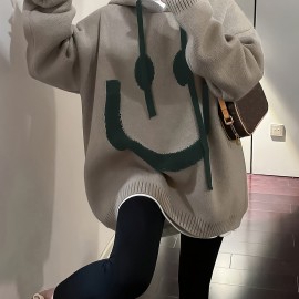 Smile Face Print Drawstring Hoodie, Casual Long Sleeve Drop Shoulder Top, Women's Clothing Smile Face Print Drawstring Hoodie, Casual Long Sleeve Drop Shoulder Top, Women's Clothing
